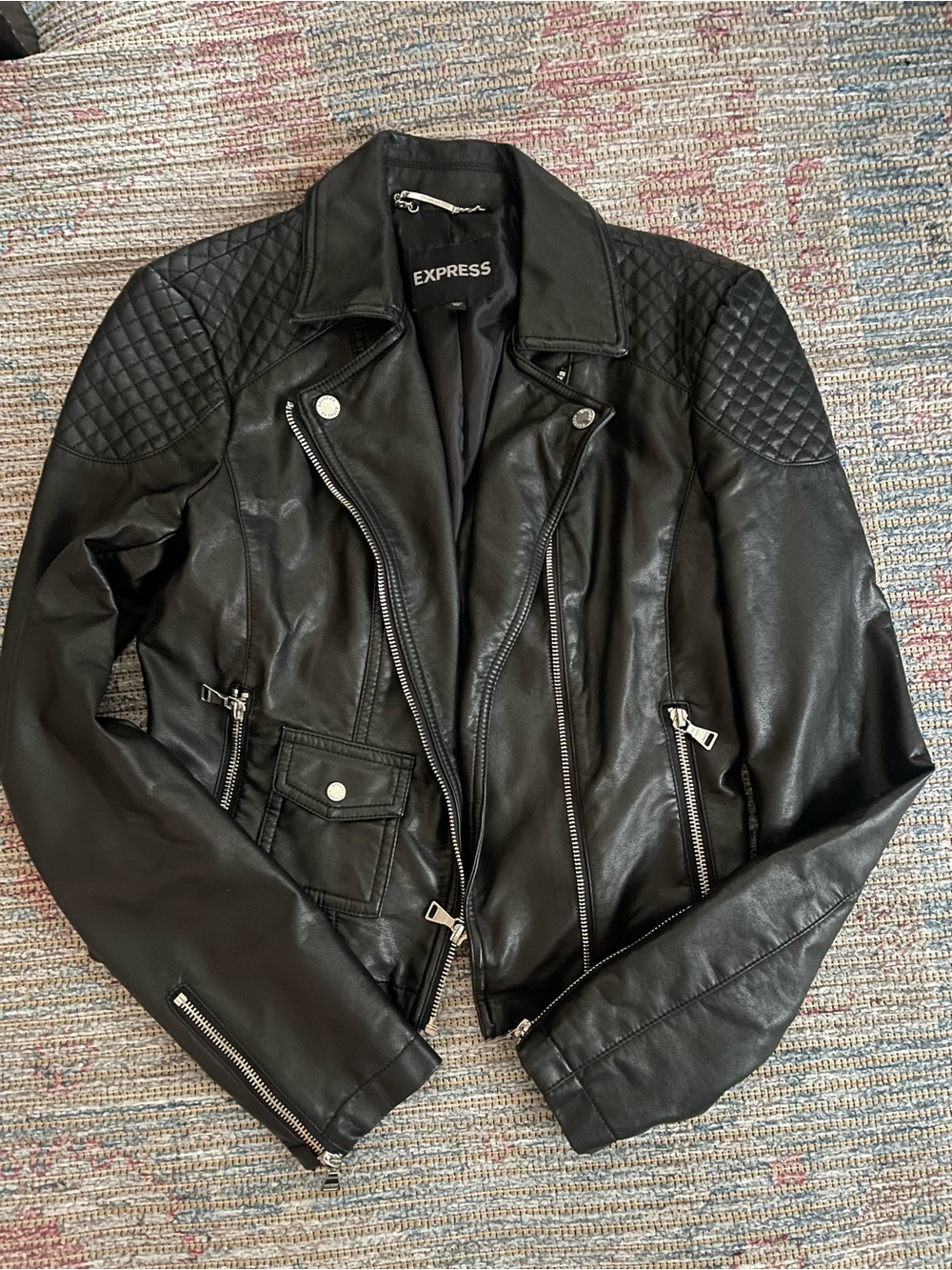 Express Black Quilted Faux Leather Moto Jacket with Silver Hardware